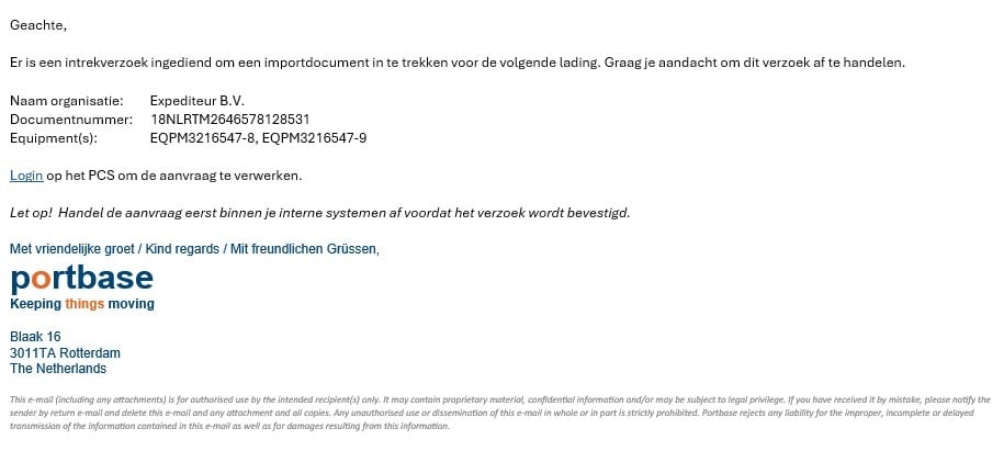 email voor terminal met MID intrek verzoek