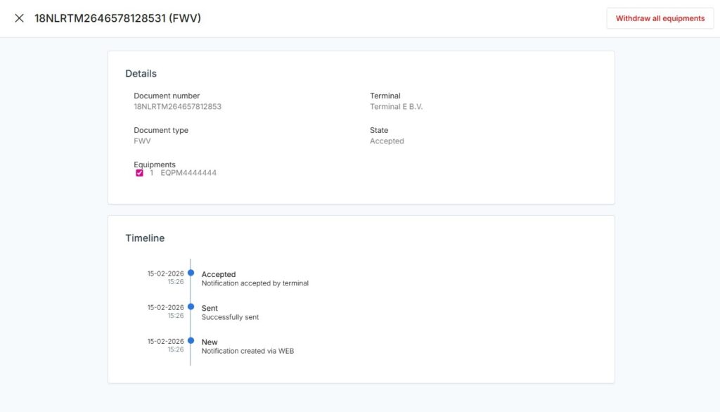 een intrekverzoek doen voor het gehele document of per equipment/container